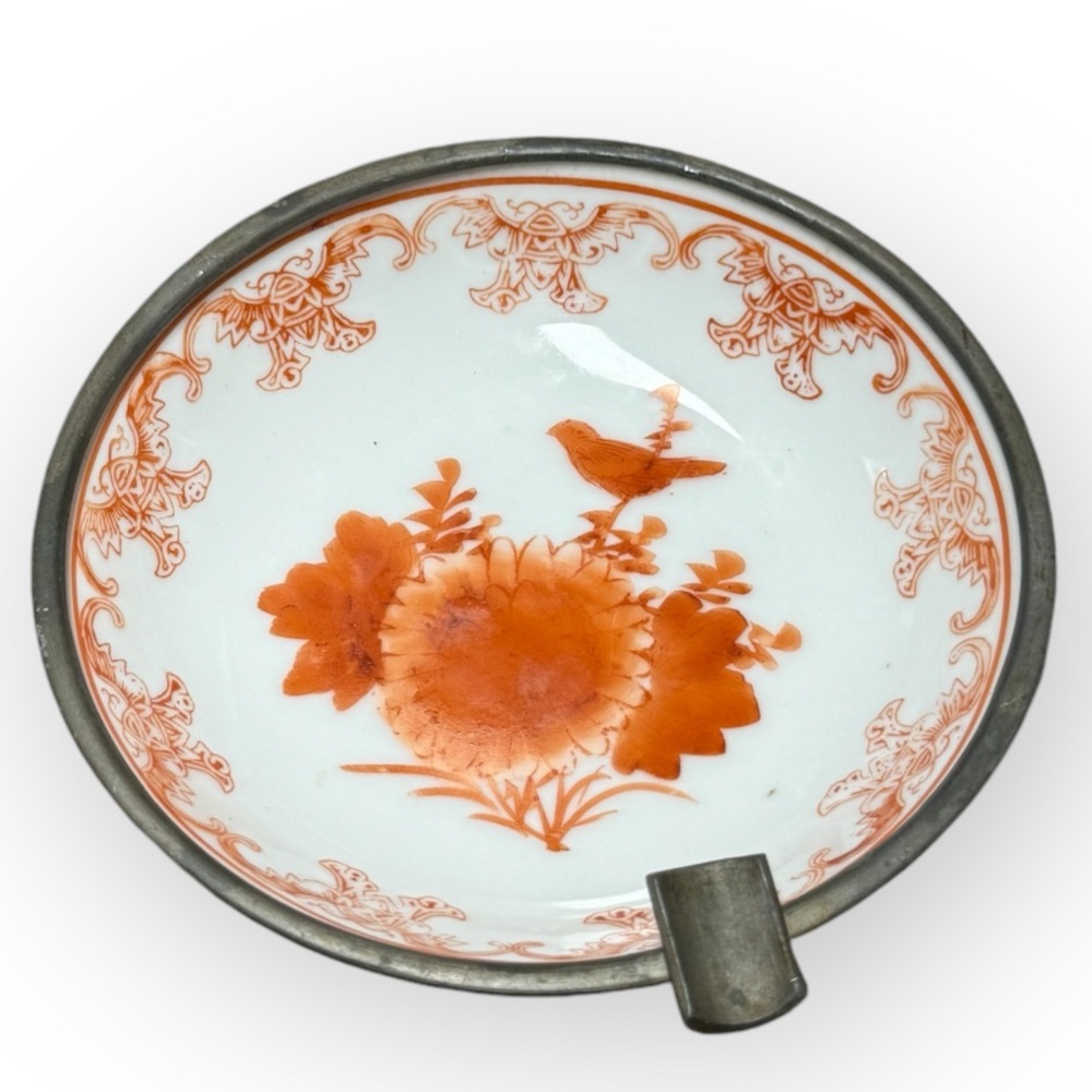 Antique Chinese Porcelain Pewter Clad 6” Ashtray